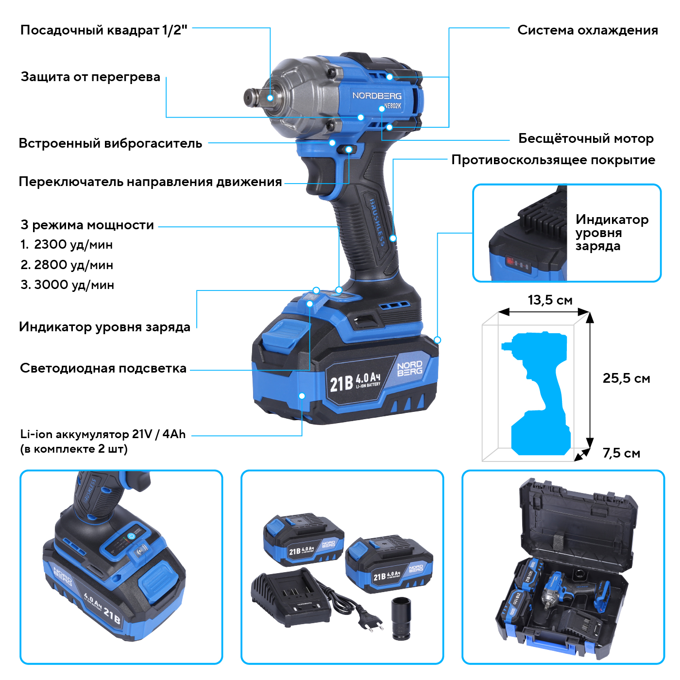 Гайковерт аккумуляторный, 1/2", 21 В, 500 Нм, 2 аккумулятора 4 A и зарядное устройство, в кейсе