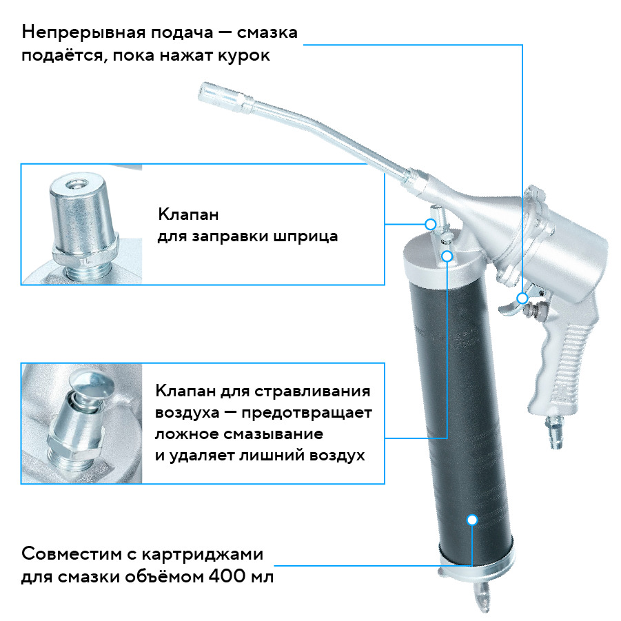 Шприц плунжерный пневматический для густой смазки, 400 мл